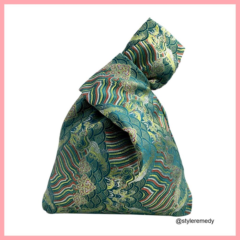 Cotton Canvas Tote Wrist Bag Japanese Pattern Double Handle Portable Purse